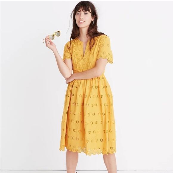 Madewell Dresses & Skirts - Madewell yellow eyelet scalloped hem dress 100% cotton bohemian boho mustard 4